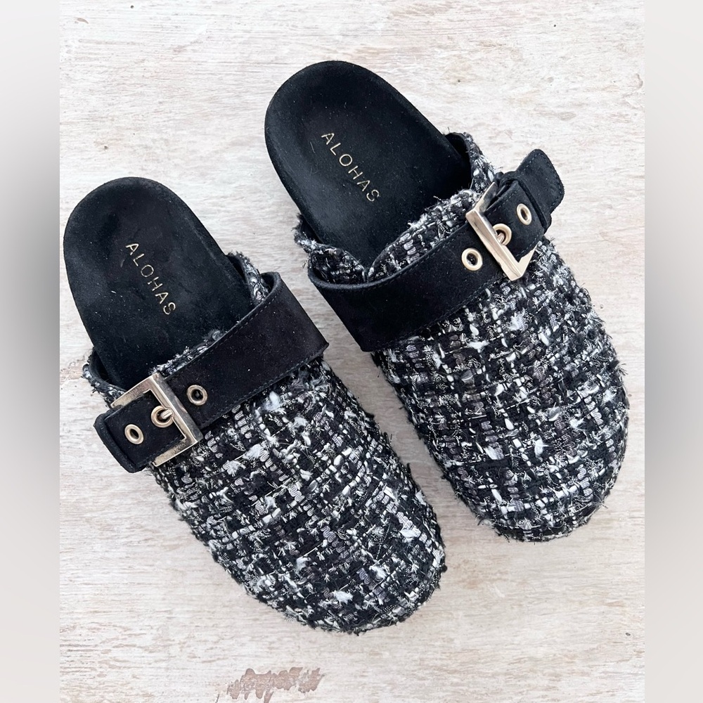 ALOHAS Black tweed slide clog sandal size 39 which is an 8 - 8.5 women’s